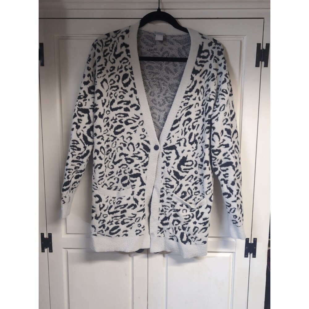 Chico's Leopard Print Cardigan Light Gray  Pockets, Women's Size 1  (MEDIUM)